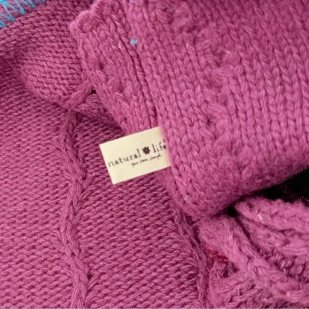 Natural Life Set of 3 Boho Christmas Stockings Purple Cable Knit PomPom Trim